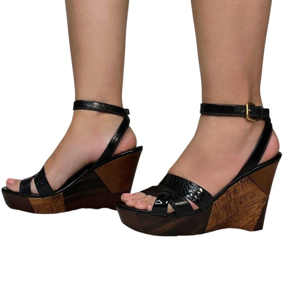 Prada Patchwork Wedges Retro Leather Wood Cork Y2K Boho Platform Heel Black 39.5 - Picture 3 of 16